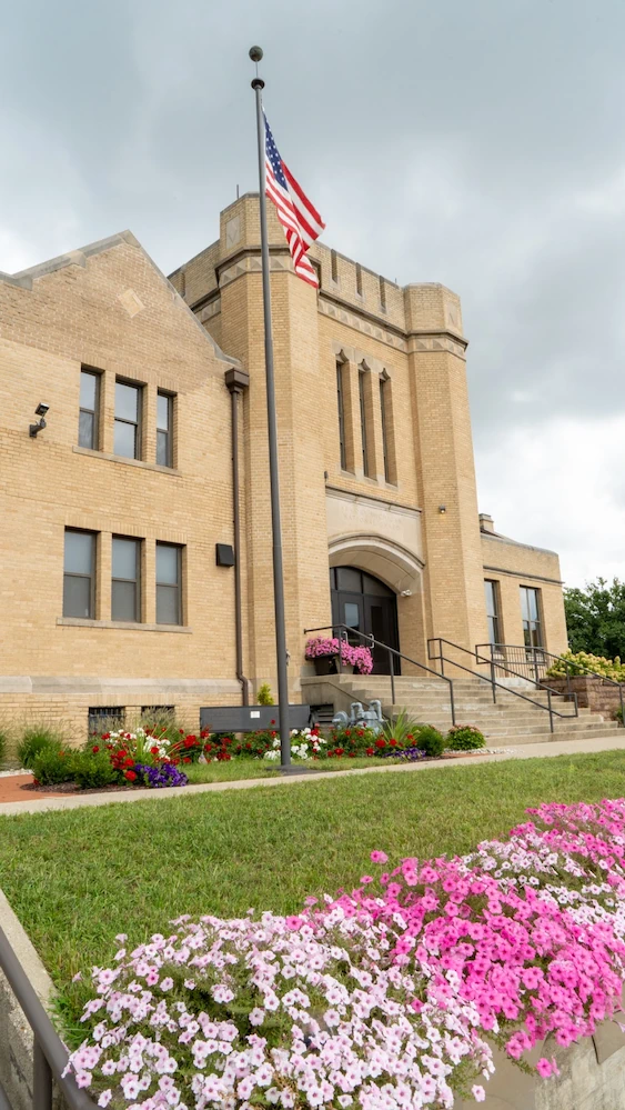 Vertical external view of the Adrian Armory in Spring.