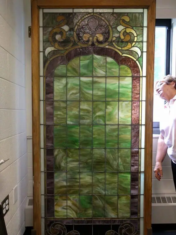 Stained glass door donated by Adrian Public Schools.